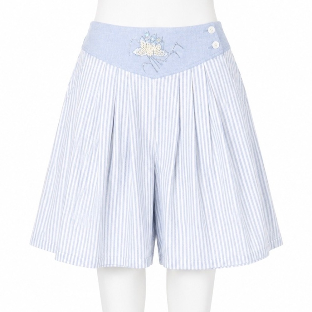 Andrew Sports Shorts Women Medium Blue White Striped Beaded Floral Pleated 90s
